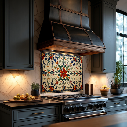 Red Ottoman Patterns One Piece Tempered Glass Kitchen Splashback For Stove Behind, Kitchen Backsplash, Kitchen Backsplash, Wall Art