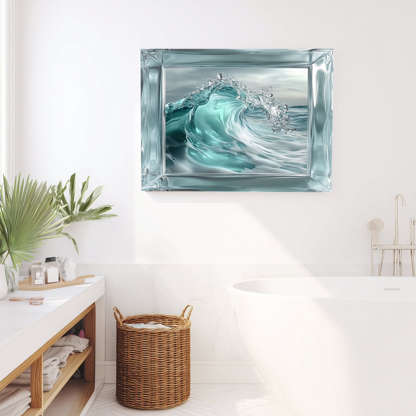 Ocean Wave Framed Look One Piece Tempered Glass Kitchen Backsplash for Stove Behind, Kitchen Splashback, Glass Wall Art