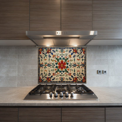 Red Ottoman Patterns One Piece Tempered Glass Kitchen Splashback For Stove Behind, Kitchen Backsplash, Kitchen Backsplash, Wall Art