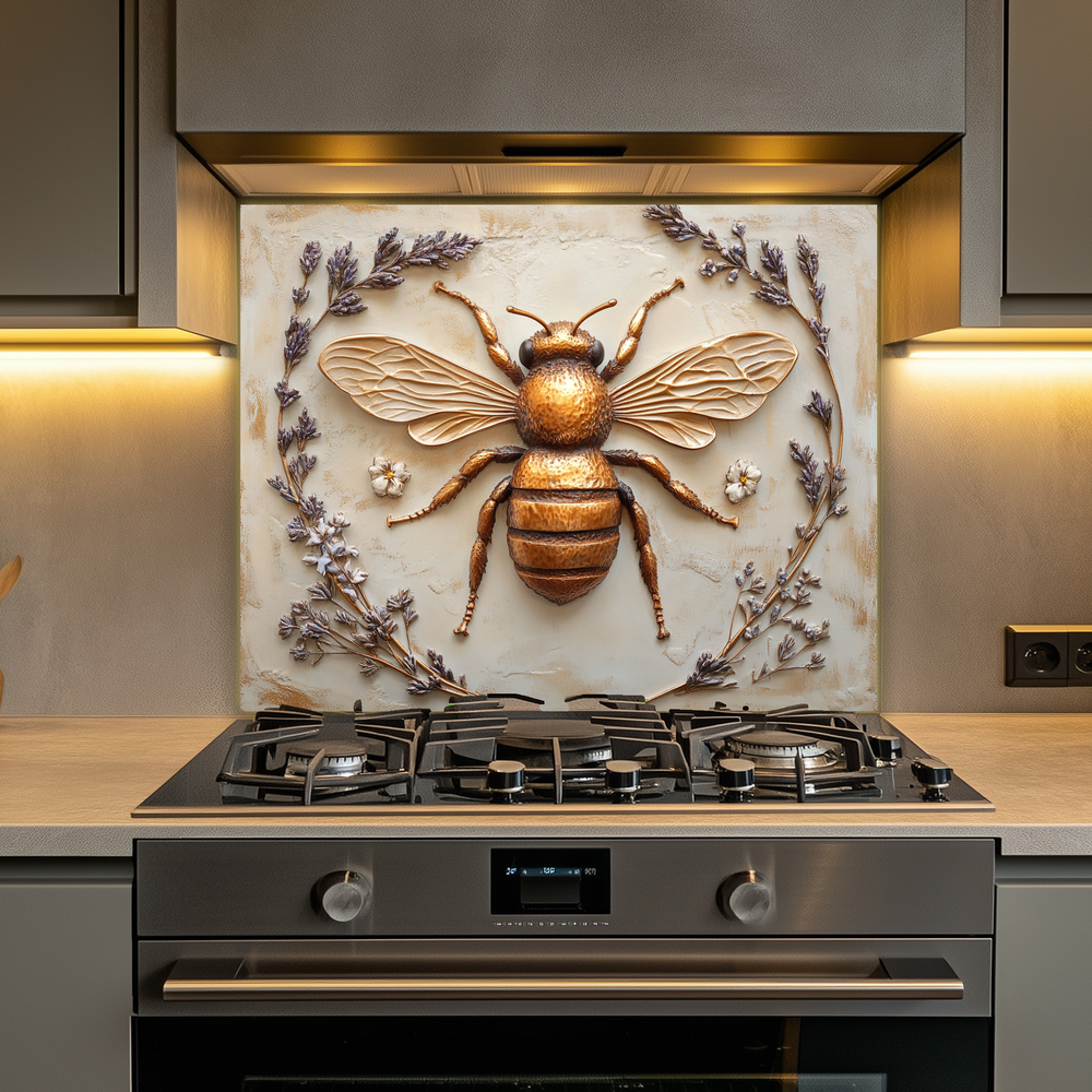 One Piece Tempered Glass Kitchen Splashback For Stove Behind, Copper Bee Look Backsplash