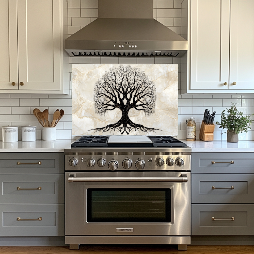 Marble Tree of Life Design Printed Tempered Glass Kitchen Backsplash Splashback Decorative Wall Art Panel for Modern Home Interiors