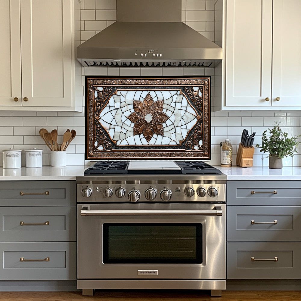 Copper Ottoman Tile Pattern Printed Tempered Glass Kitchen Splashback Backsplash Decorative Wall Panel for Stove Behind and Interior Decor