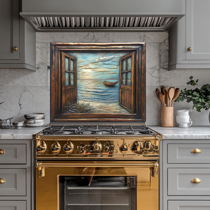 Wooden Window Prints One Piece Tempered Glass Kitchen Splashback For Stove Behind, Kitchen Backsplash, Wall Art