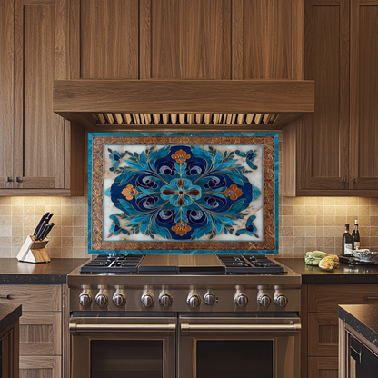 Blue Traditional Glass Backsplash Panel for Kitchen, Tempered Glass Wall Art, Classic Tile Pattern Decor