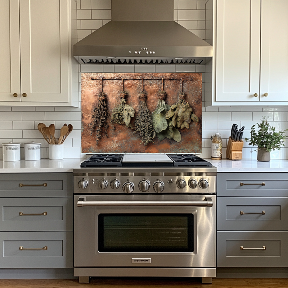 Dried Herbs and Spices Hanging Design Printed Tempered Glass Kitchen Backsplash Splashback Decorative Wall Panel, Modern Rustic Home Decor