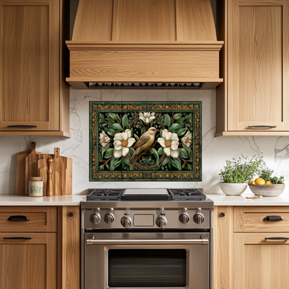 Bird and Floral Glass Backsplash Tile, Decorative Kitchen Wall Art, Custom Glass Panel, Made in USA