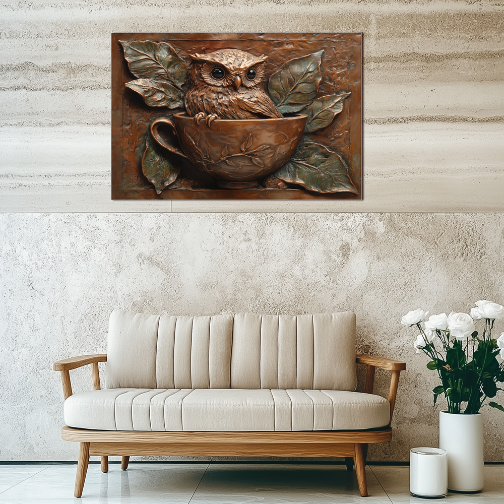 Rustic Owl Copper Look Glass Backsplash Panel, Embossed Style Owl Print on Tempered Glass Wall Art, Artistic Kitchen Splashback