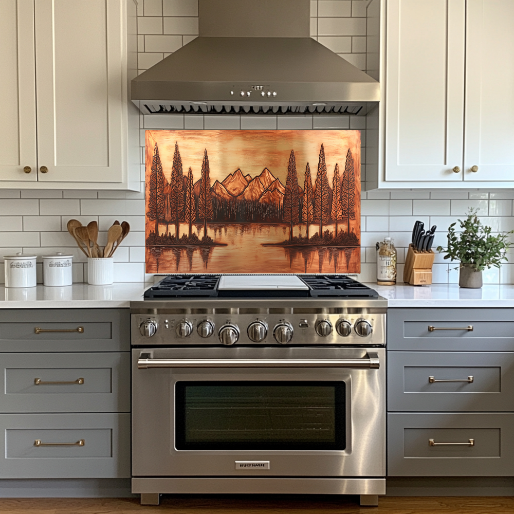 Copper Tone Mountain & Glass Tree Landscape Printed Tempered Glass Kitchen Backsplash Splashback or Wall Art Panel