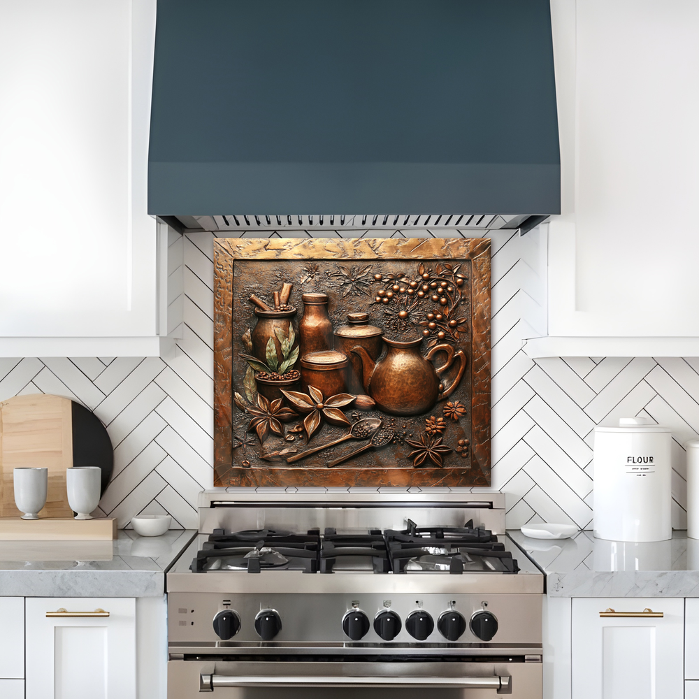 Copper Look Spice Bottles Print One Piece Tempered Glass Kitchen Splashback For Stove Behind, Kitchen Backsplash, Wall Art