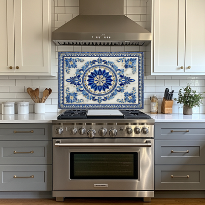 Turkish Tile Pattern Glass Backsplash Panel, Tempered Glass Wall Art, Traditional Anatolian Design, Elegant Kitchen Decor, Stove Protector