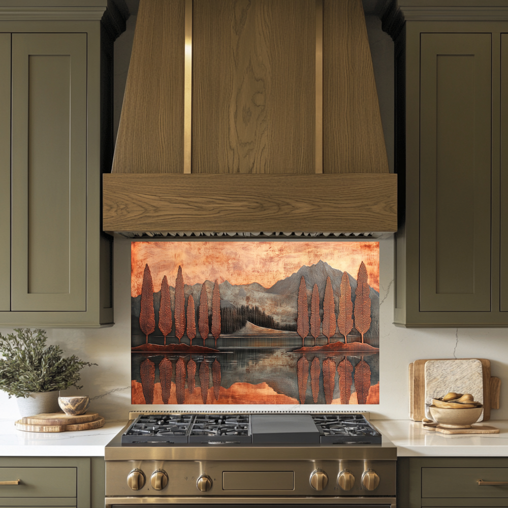 Copper Look Nature Landscape Glass Backsplash • Rustic Wall Art Panel • Mountain River Home Decor • Earthy Decorative Piece