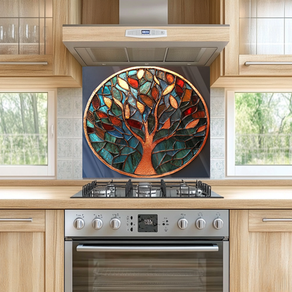 Life of Tree Stained Glass Look One Piece Tempered Glass Kitchen Splashback For Stove Behind, Kitchen Backsplash, Kitchen Backsplash, Wall Art