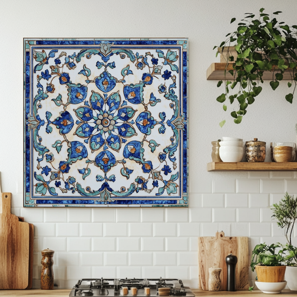 Ottoman Patterns One Piece Tempered Glass Kitchen Splashback For Stove Behind, Kitchen Backsplash, Wall Art