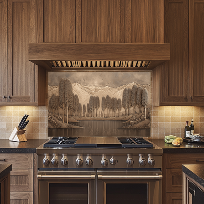 Copper Look Nature Landscape Glass Backsplash • Rustic Wall Art Panel • Mountain River Home Decor • Earthy Decorative Piece