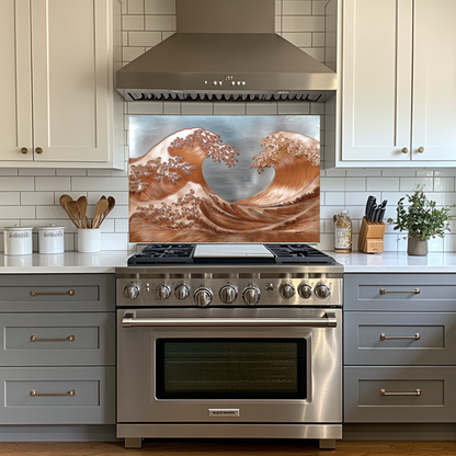 Copper Look Ocean Wave Glass Backsplash • Coastal Wall Art Panel • Artistic Blue Water Kitchen Decor • Textured Inspired Ocean Tile
