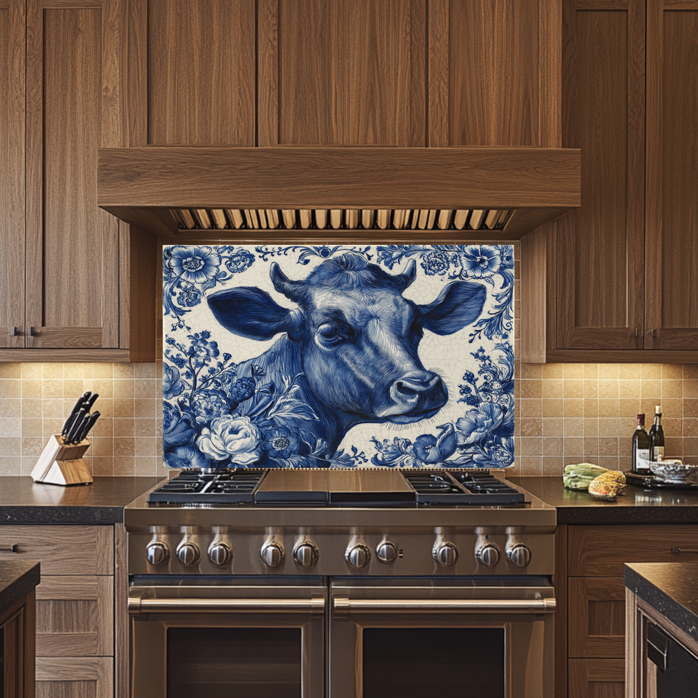 Delft Blue Cow Glass Backsplash Panel, Tempered Glass Wall Art, Dutch Farmhouse Kitchen Decor, Cow Pattern Tile, Rustic Animal Wall Panel