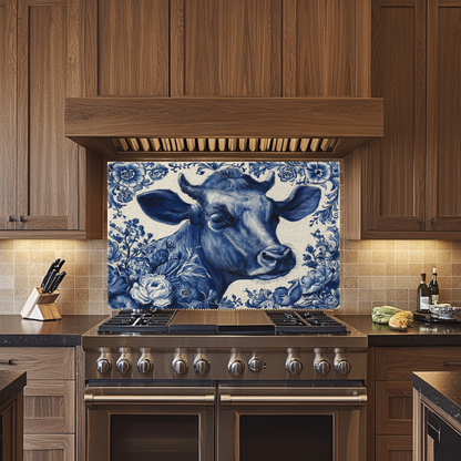 Delft Blue Cow Glass Backsplash Panel, Tempered Glass Wall Art, Dutch Farmhouse Kitchen Decor, Cow Pattern Tile, Rustic Animal Wall Panel