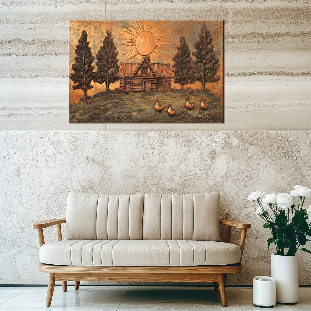 Copper Look Nature and Roosters Landscape Glass Backsplash • Rustic Wall Art Panel • Peaceful Home Decor • Decorative Tile for Stove Behind