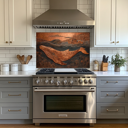 Copper Embossed Look Whale Under Northern Lights Printed Glass Backsplash | Ocean Art Tempered Glass Kitchen Wall Panel,Modern Coastal Decor