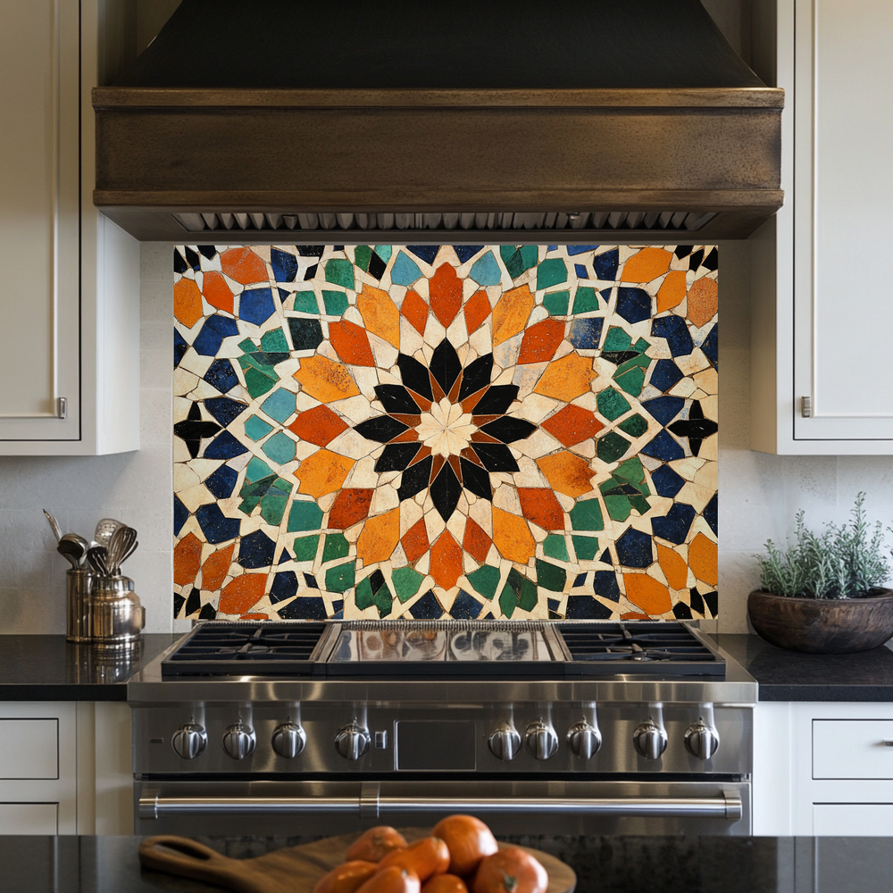 Colored Stone Flooring Look One Piece Tempered Glass Kitchen Splashback For Stove Behind, Kitchen Backsplash, Wall Art