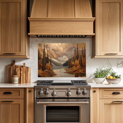 Handmade in USA Pine Tree and Mountain Glass Backsplash, Tempered Glass Splashback and Stove Behind Top Cover, Kitchen Sink Cover