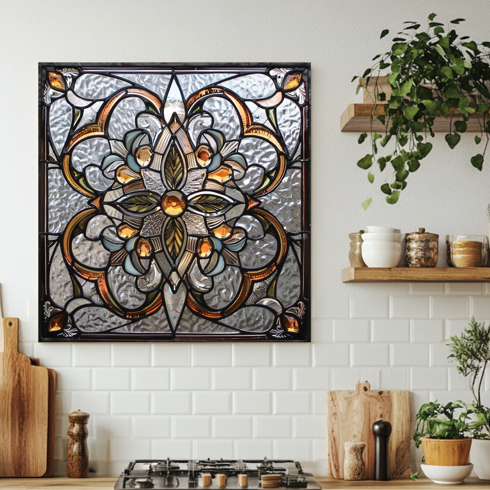 Stained Glass Look One Piece Tempered Glass Kitchen Splashback For Stove Behind, Kitchen Backsplash, Wall Art
