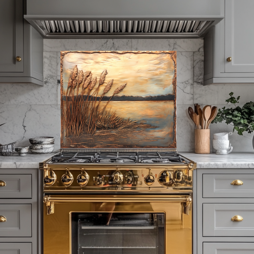Copper Relief Look Reeds One Piece Tempered Glass Kitchen Splashback For Stove Behind, Kitchen Backsplash, Wall Art