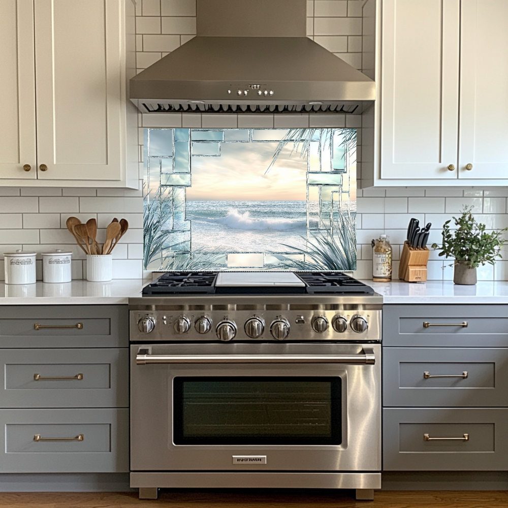 Ocean Landscape Scene Printed Tempered Glass Kitchen Backsplash Splashback Decorative Wall Art Panel for Modern Coastal Home Decor