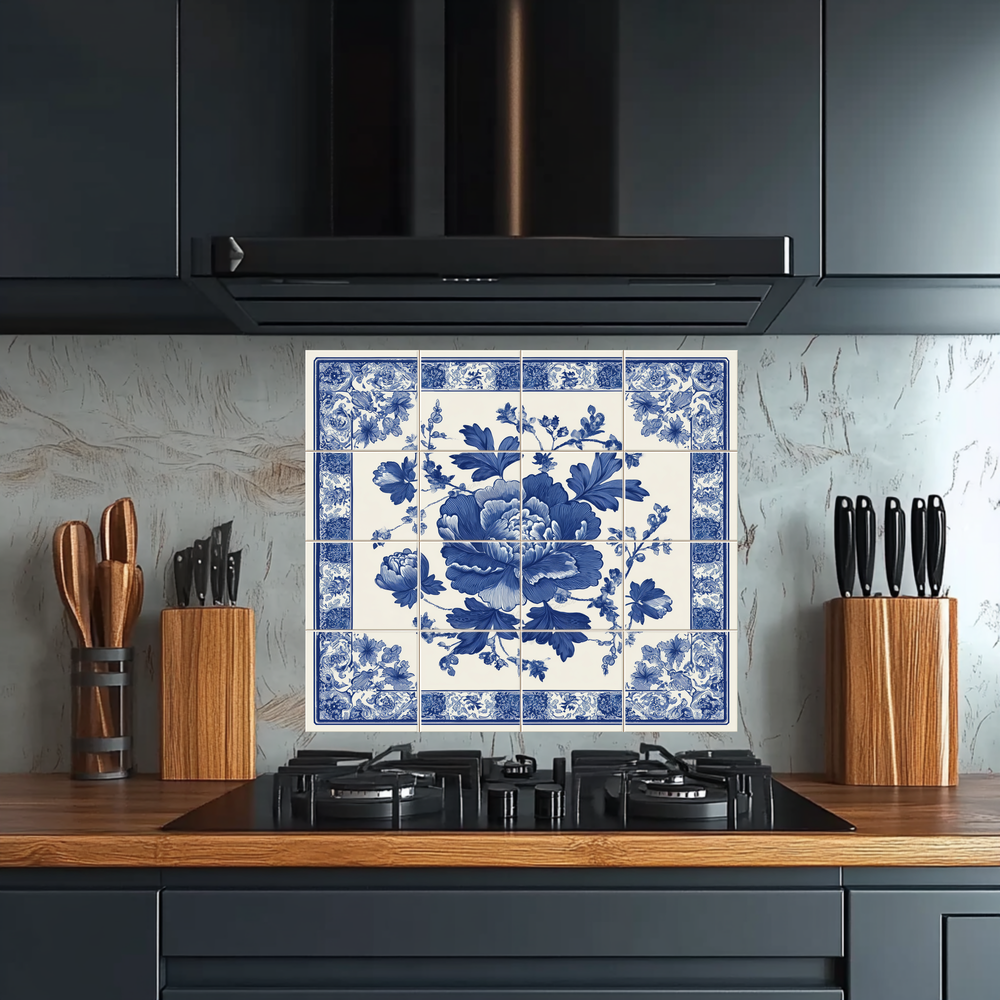 Floral Delft Blue Glass Backsplash, Blue White Dutch Style Wall Art, Custom Printed Glass Panel, Made in USA