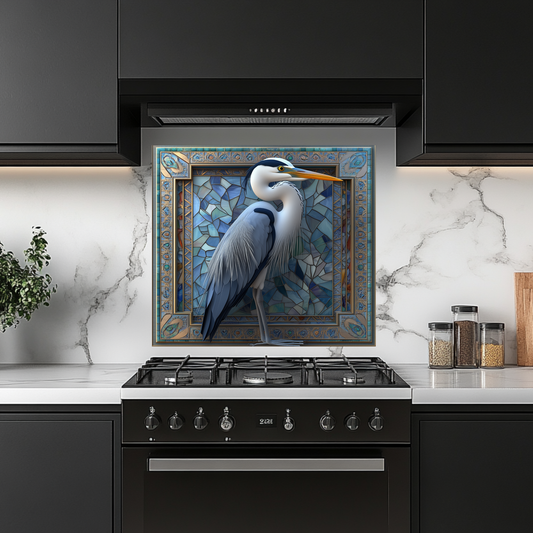 Blue Heron Glass Backsplash, Tempered Glass Wall Art Panel, Coastal Bird Kitchen Backsplash, Modern Wildlife Glass Splashback Decor