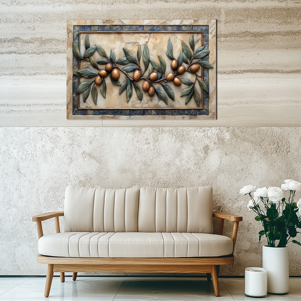 Copper Look Olive Branches One Piece Tempered Glass Kitchen Splashback For Stove Behind, Kitchen Backsplash, Wall Art