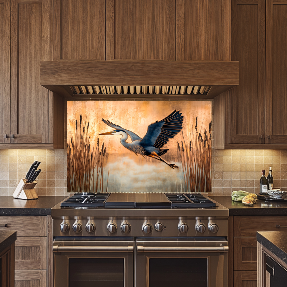 Copper Blue Heron Glass Backsplash Panel, Nature Inspired Kitchen Wall Art, Bird Theme Decorative Glass Tile, Rustic Coastal Home Decor