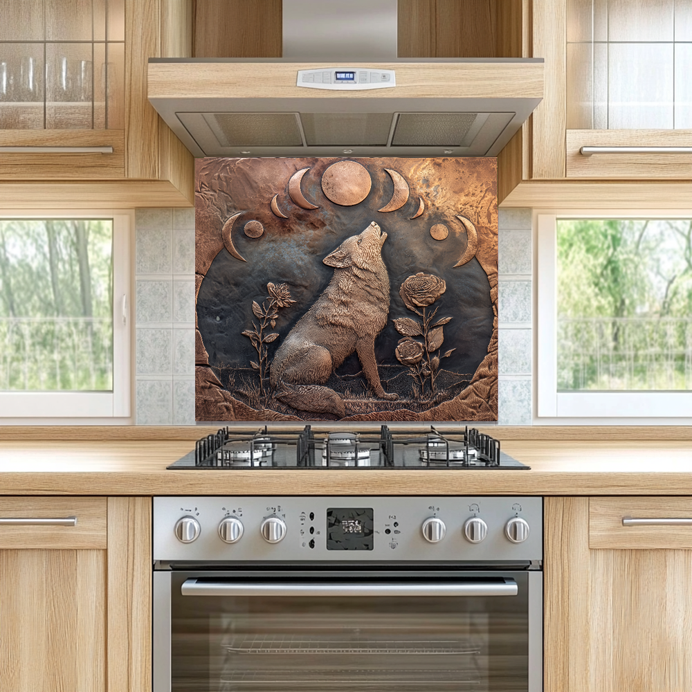 Copper Embossed Look Wolf Glass Backsplash • Wild Nature Kitchen Panel • Artistic Textured Style • Animal Decorative Panel