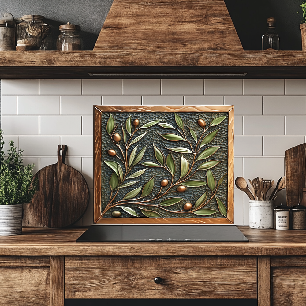 Copper Look Olive Branches One Piece Tempered Glass Kitchen Splashback For Stove Behind, Kitchen Backsplash, Wall Art