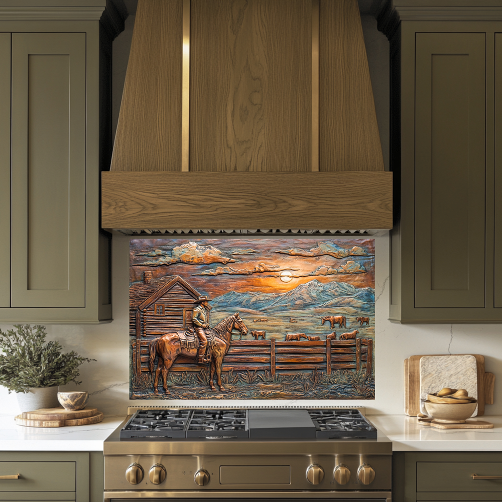 Copper Look Farm House One Piece Tempered Glass Kitchen Splashback For Stove Behind, Kitchen Backsplash, Wall Art