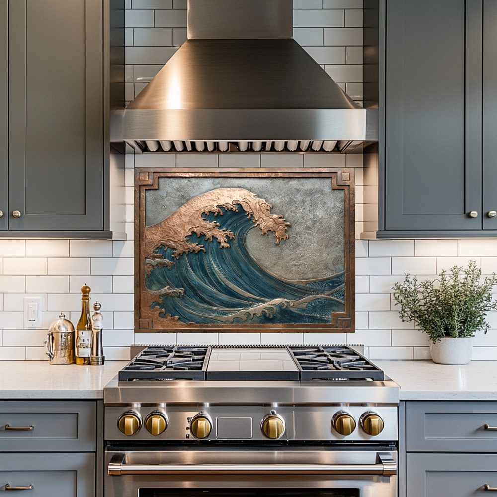 Copper Look Ocean Wave Glass Backsplash • Coastal Wall Art Panel • Artistic Blue Water Kitchen Decor • Textured Inspired Ocean Tile