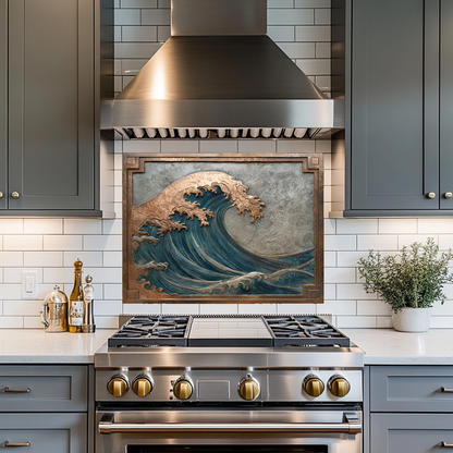Copper Look Ocean Wave Glass Backsplash • Coastal Wall Art Panel • Artistic Blue Water Kitchen Decor • Textured Inspired Ocean Tile