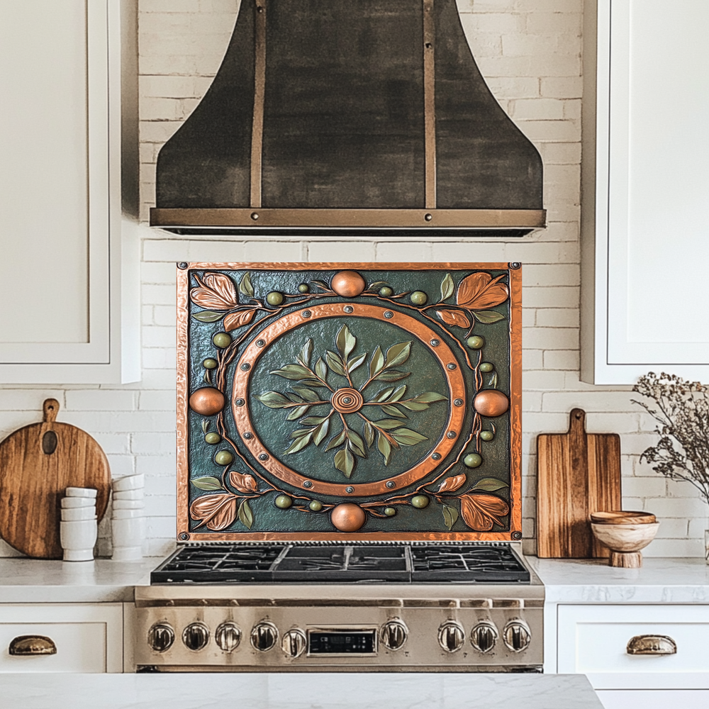 Copper Look Olive Leaves One Piece Tempered Glass Kitchen Splashback For Stove Behind, Kitchen Backsplash, Wall Art
