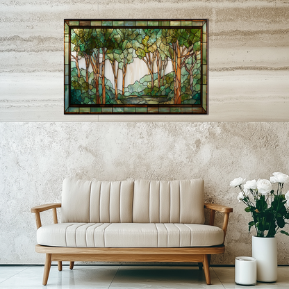 Stained Glass Look Forest Backsplash, Woodland Tree Scene Printed on Tempered Glass, Nature Inspired Kitchen Wall Art Panel