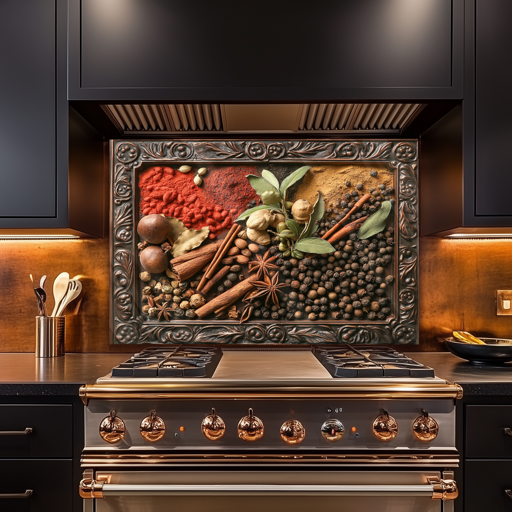 Copper Look Spices Print One Piece Tempered Glass Kitchen Splashback For Stove Behind, Kitchen Backsplash, Wall Art