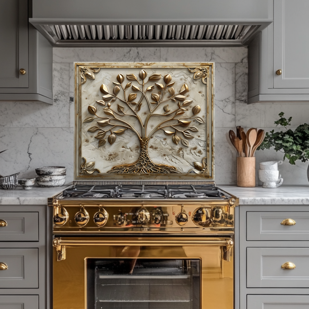 Stone Background Look Golden Tree of Life One Piece Tempered Glass Kitchen Splashback For Stove Behind, Kitchen Backsplash, Kitchen Backsplash, Wall Art