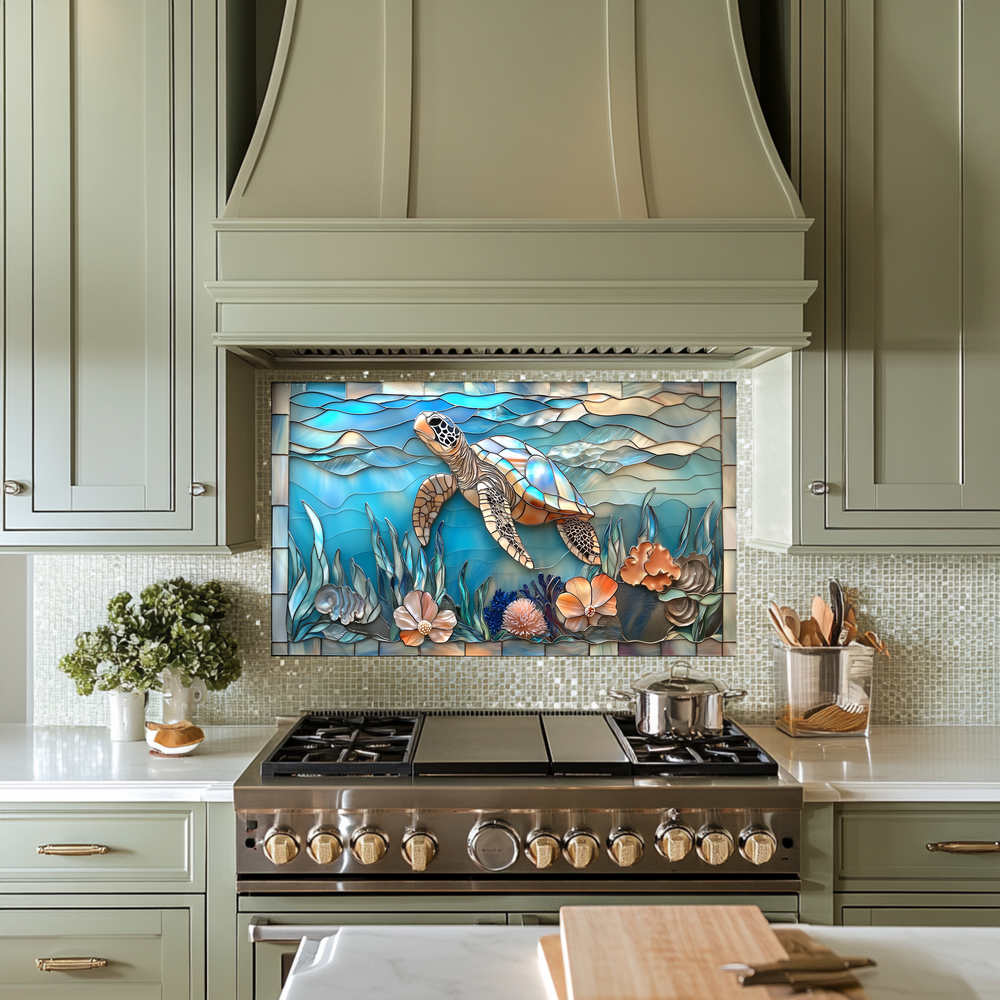 Sea Turtle Print One Piece Tempered Glass Kitchen Splashback For Stove Behind, Kitchen Backsplash, Wall Art, Kitchen Backsplash, Wall Art