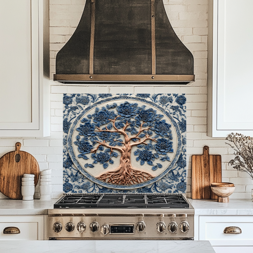 Delft Blue Tree of Life Kitchen Glass Backsplash • Stove Behind Cover • Nature Inspired Kitchen Splashback Panel • Colorful Home Decor