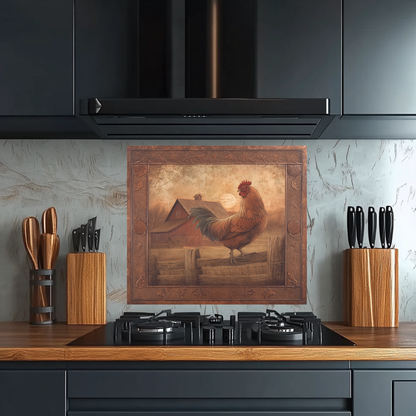 Copper Embossed Look Mediterranean Rooster Glass Backsplash • Rustic Kitchen Panel • Artistic Farmhouse Tile Design • Traditional Wall Piece