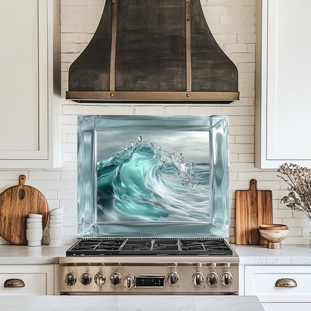 Ocean Wave Framed Look One Piece Tempered Glass Kitchen Backsplash for Stove Behind, Kitchen Splashback, Glass Wall Art