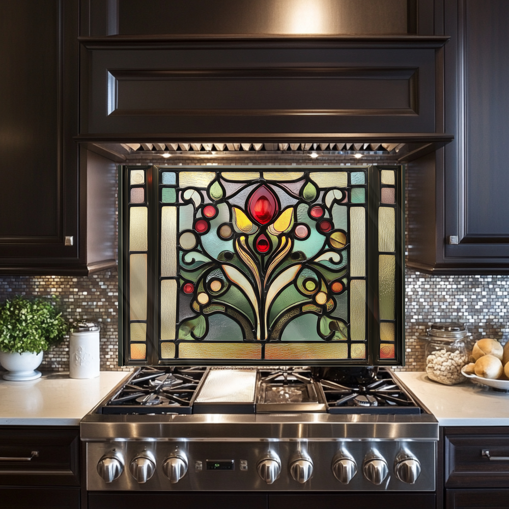 Stained Glass One Piece Tempered Glass Kitchen Splashback For Stove Behind, Kitchen Backsplash, Wall Art