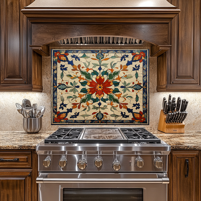 Red Ottoman Patterns One Piece Tempered Glass Kitchen Splashback For Stove Behind, Kitchen Backsplash, Kitchen Backsplash, Wall Art