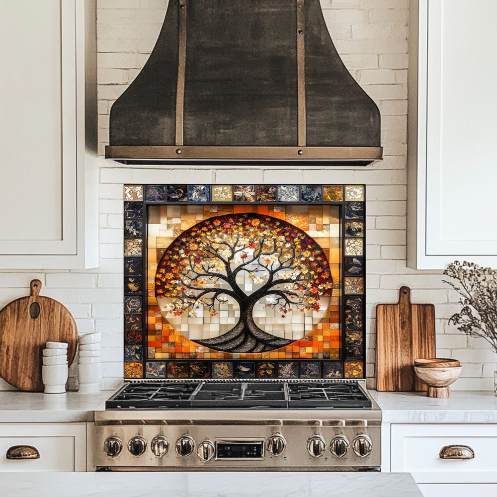 Stunning Life of Tree Mosaic Look One Piece Tempered Glass Kitchen Backsplash for Stove Behind, Kitchen Splashback, Glass Wall Art