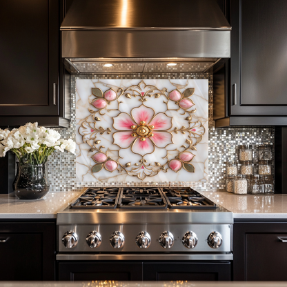 Pink&Gold Pattern Marble Look One Piece Tempered Glass Kitchen Splashback For Stove Behind, Kitchen Backsplash, Kitchen Backsplash, Wall Art
