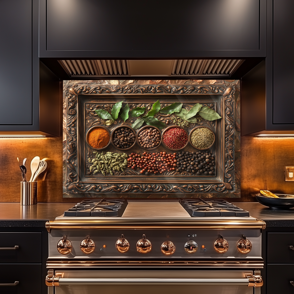 Copper Look Spice Bowls Print One Piece Tempered Glass Kitchen Splashback For Stove Behind, Kitchen Backsplash, Wall Art